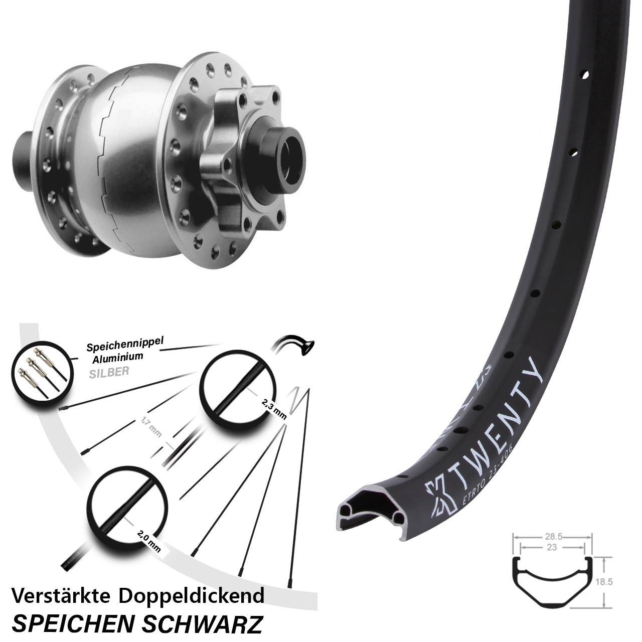 Vorderrad 20 Zoll KX Twenty SON 28 15x100 6-Loch silbern eloxiert
