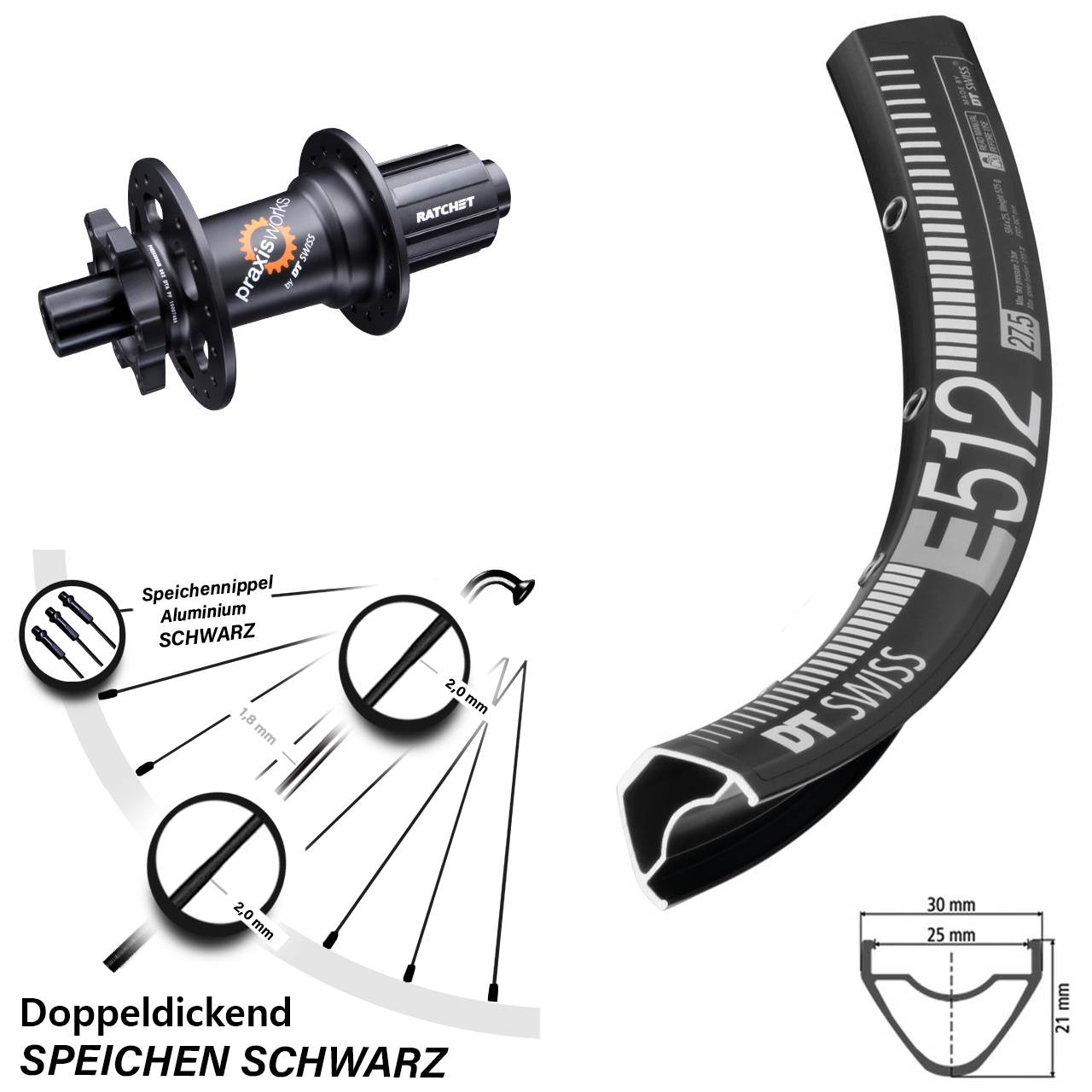 6-Loch Hinterrad 27,5 Zoll DT Swiss E512-350 8-11 fach HG 12x142