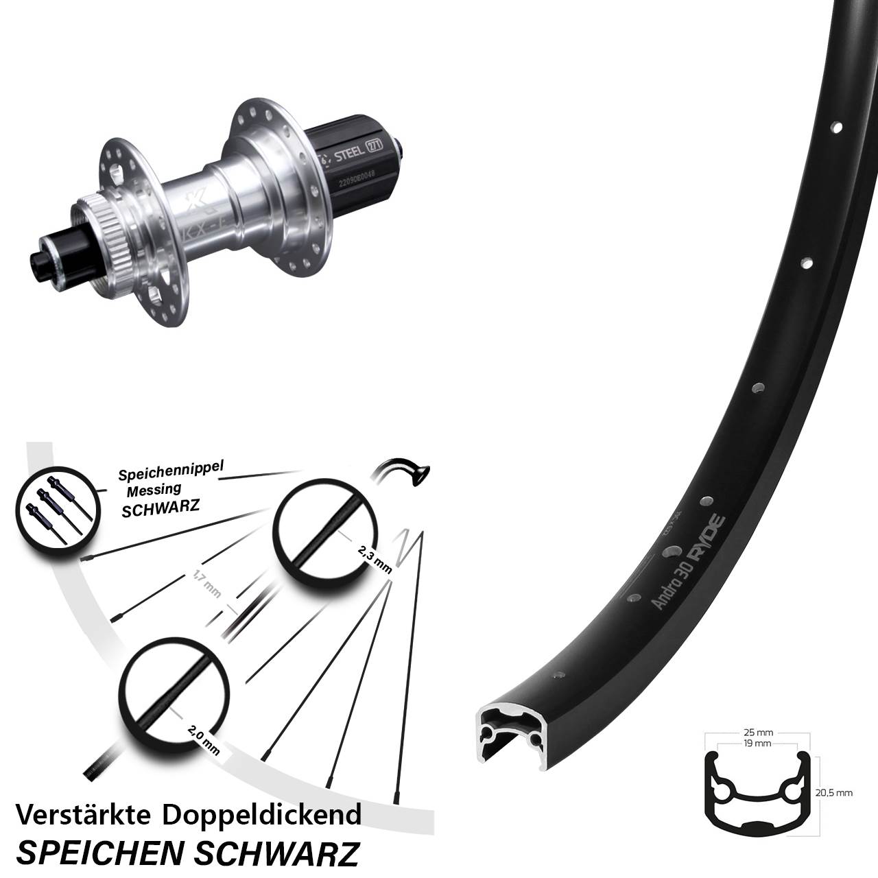 Hinterrad 28-29 Zoll verstärkt Ryde Andra 30 Disc KX-E Nabe silbern 5x135 mm 11-fach