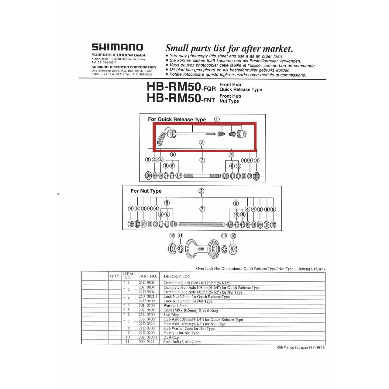 Shimano Schnellspanner für HB-RM50