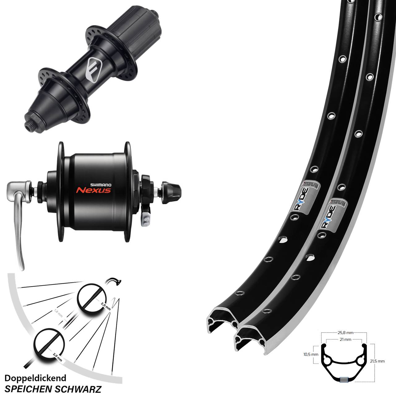 Laufradsatz 27,5 Zoll Ryde ZAC 421 Formula FM32 Shimano Nexus DH-C3000 7 fach QR