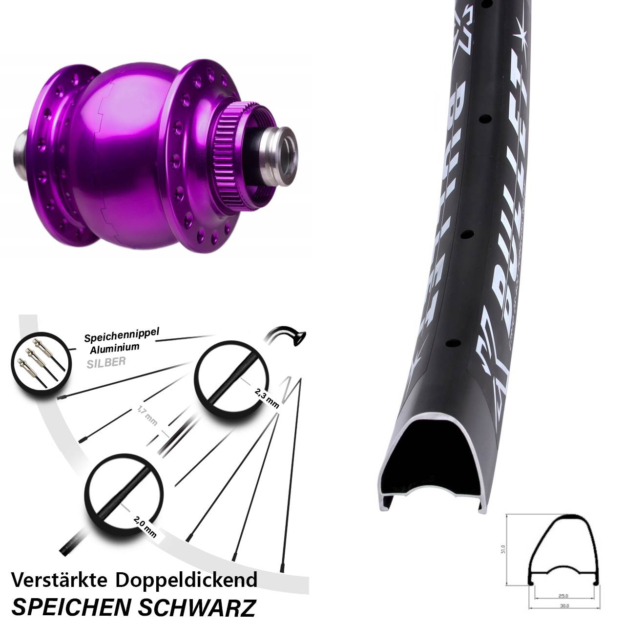 Nabendynamo-Vorderrad Centerlock KX Bullet OS SON 28 Zoll violett 12x100