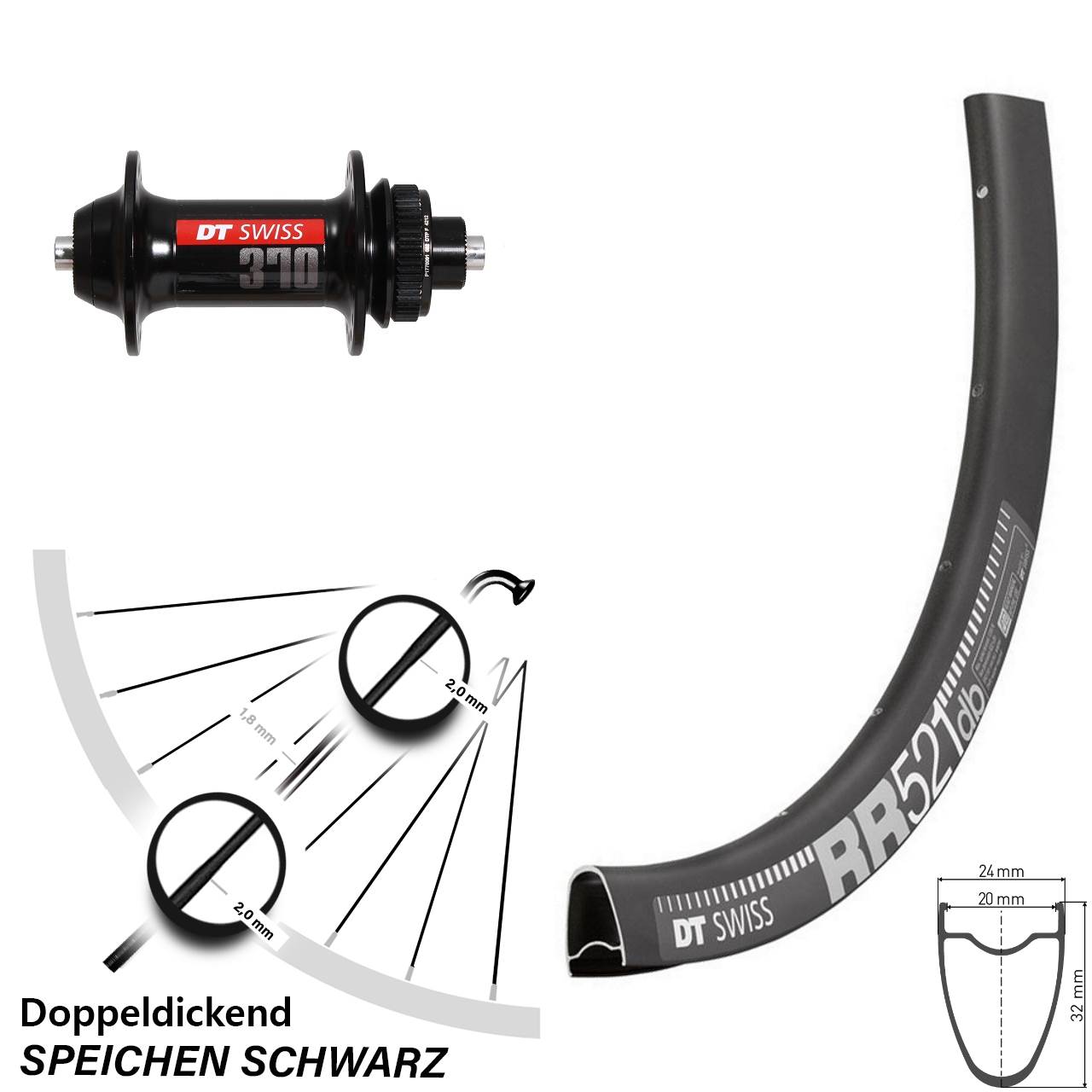 DT Swiss 370 RR 521 Vorderrad 28 Zoll Road Disc Schnellspanner