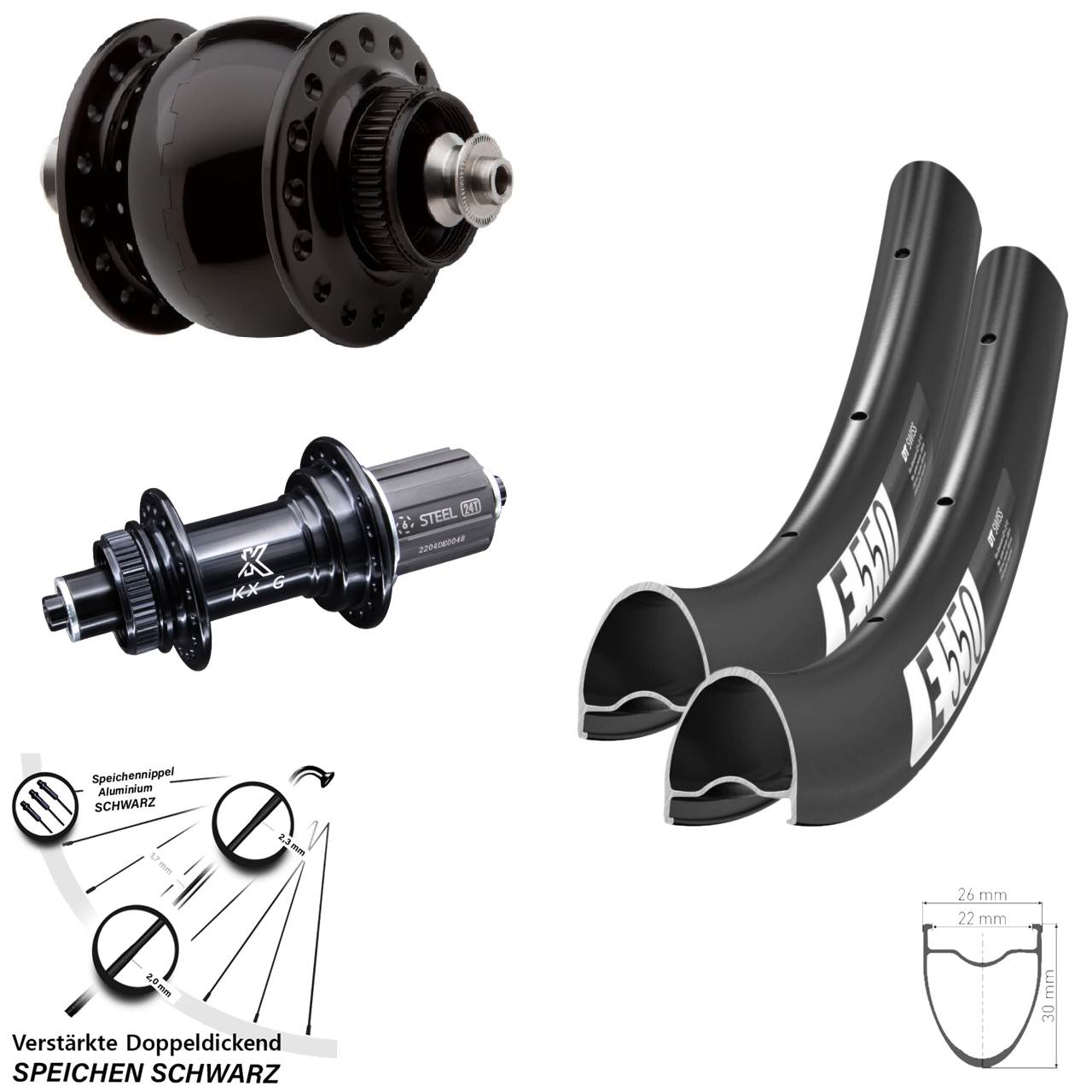 DT Swiss E550 KX-GS verstärkt SON delux 28 Zoll Laufradsatz QR 8-12 fach HG