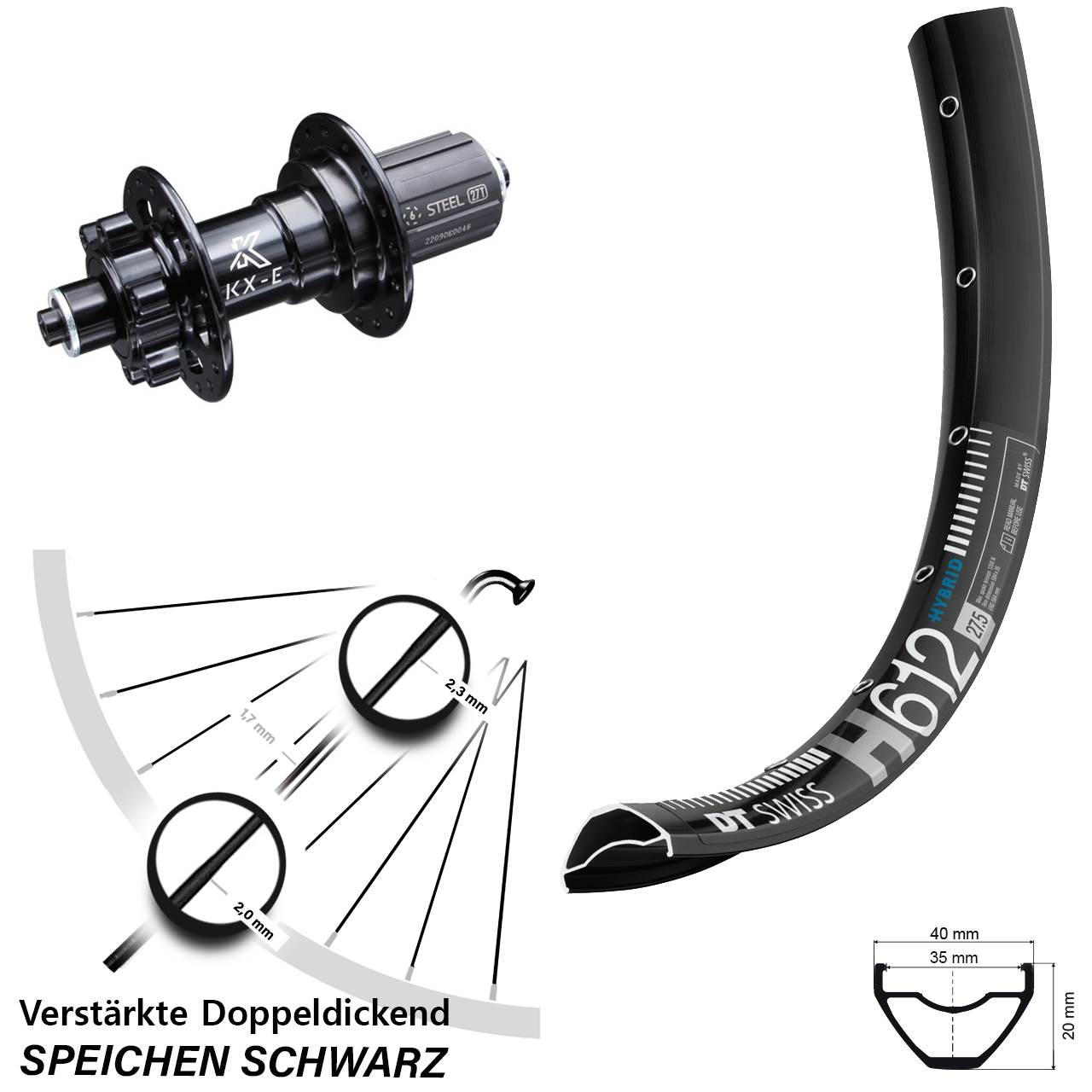 Disc Laufrad für Schnellspanner 27,5 Zoll DT Swiss H 612 KX-E 6 Kugellager 8-12 fach
