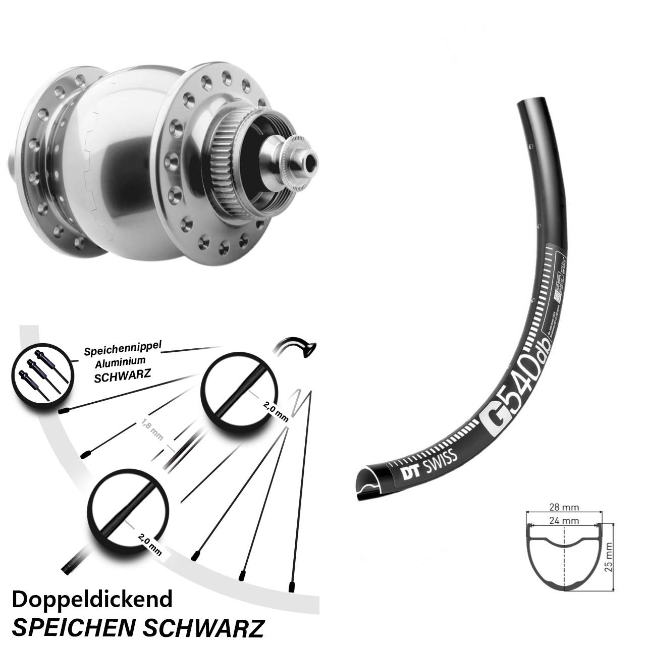 27,5 Zoll DT Swiss G540 SON 28 Dynamo-Vorderrad Centerlock für Schnellspanner