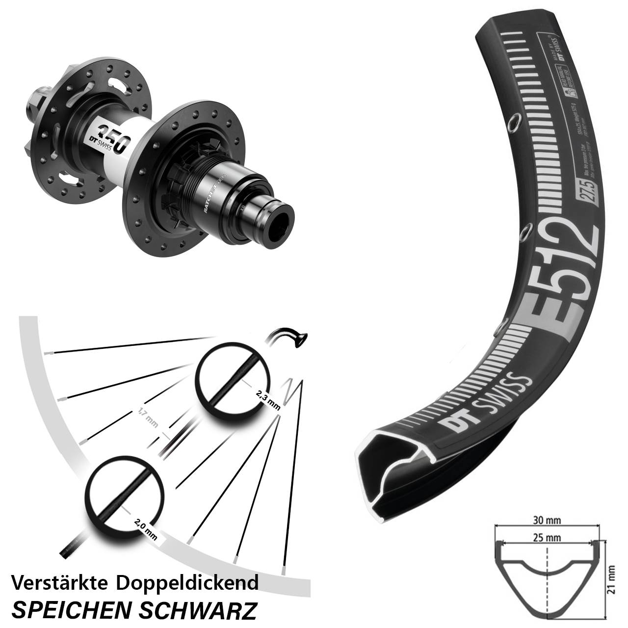 27,5 Zoll DT Swiss E 512 350 DEG 72 Disc Hinterrad 12x148 XD