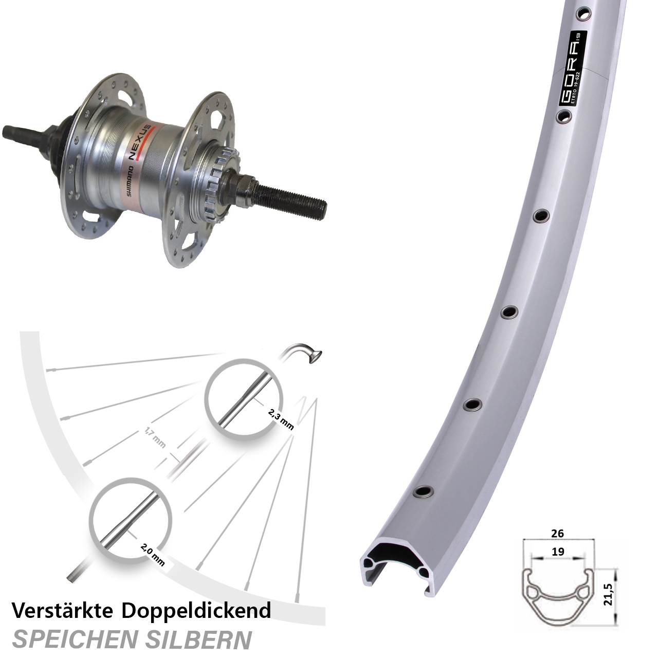 28 Zoll Hinterrad Gora 19 Shimano Nexus 3 Gang für Rollenbremse silbern