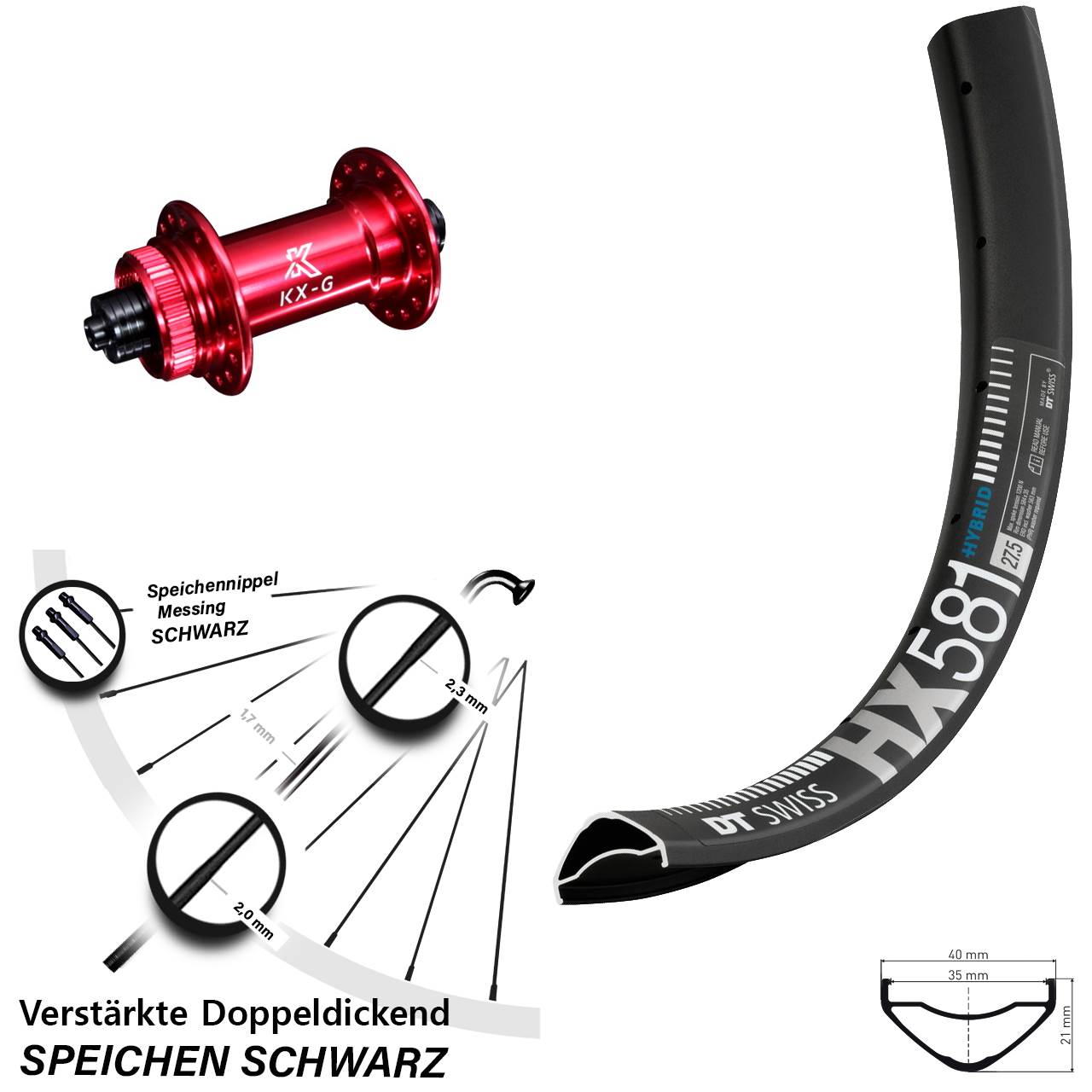 Disc Vorderrad 27,5 Zoll DT Swiss HX581 KX-G rot für Schnellspanner