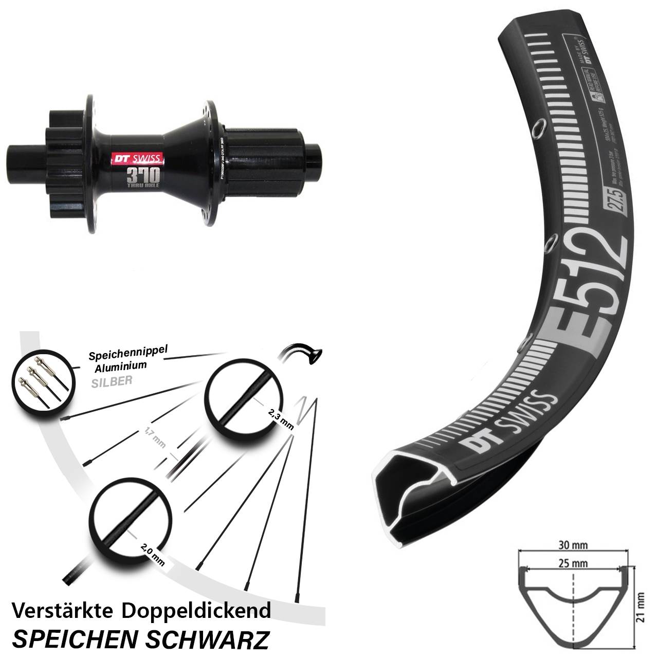 DT Swiss E 512-370 Hybrid 29 Zoll 6-Loch Hinterrad 12x142 8-11 fach