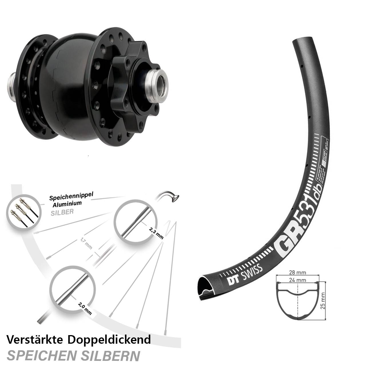 28-29 Zoll Dynamo Vorderrad Road Disc 6-loch DT Swiss GR 531 Steckachse