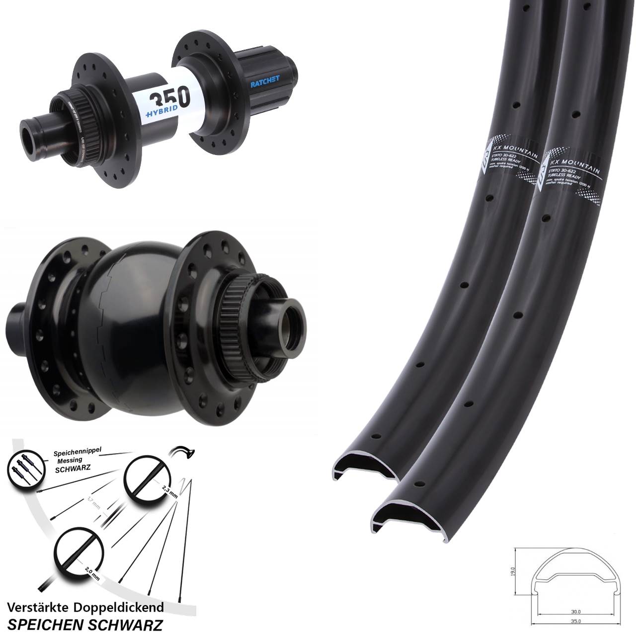 Laufradsatz 15x110 12x148 29 Zoll KX Mountain TR DT Swiss 350 Hybrid SON 28 8-11 fach