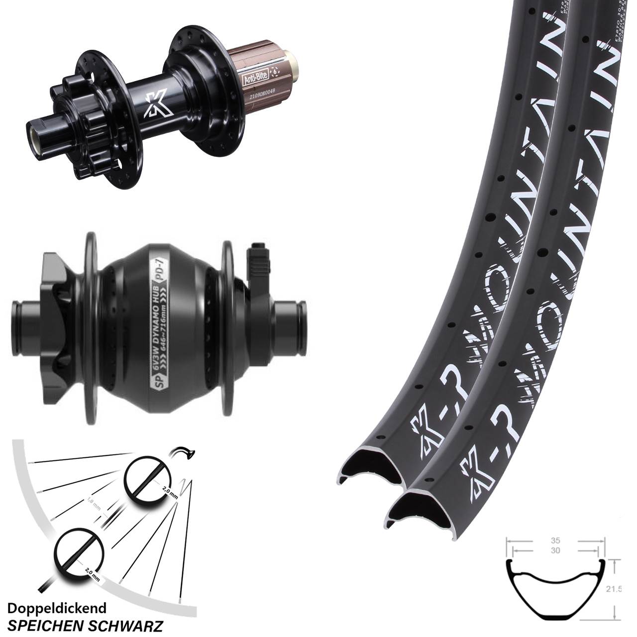 Laufradsatz 29 Zoll KX-M R Mountain 6-Loch 12x100/142 schwarz SP PD-7 Dynamo HG 8-12 fach