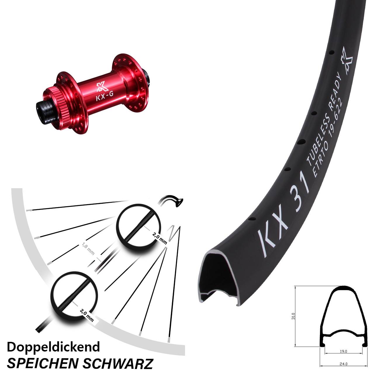 Disc Vorderrad 28 Zoll KX-G 31 rot 12x100