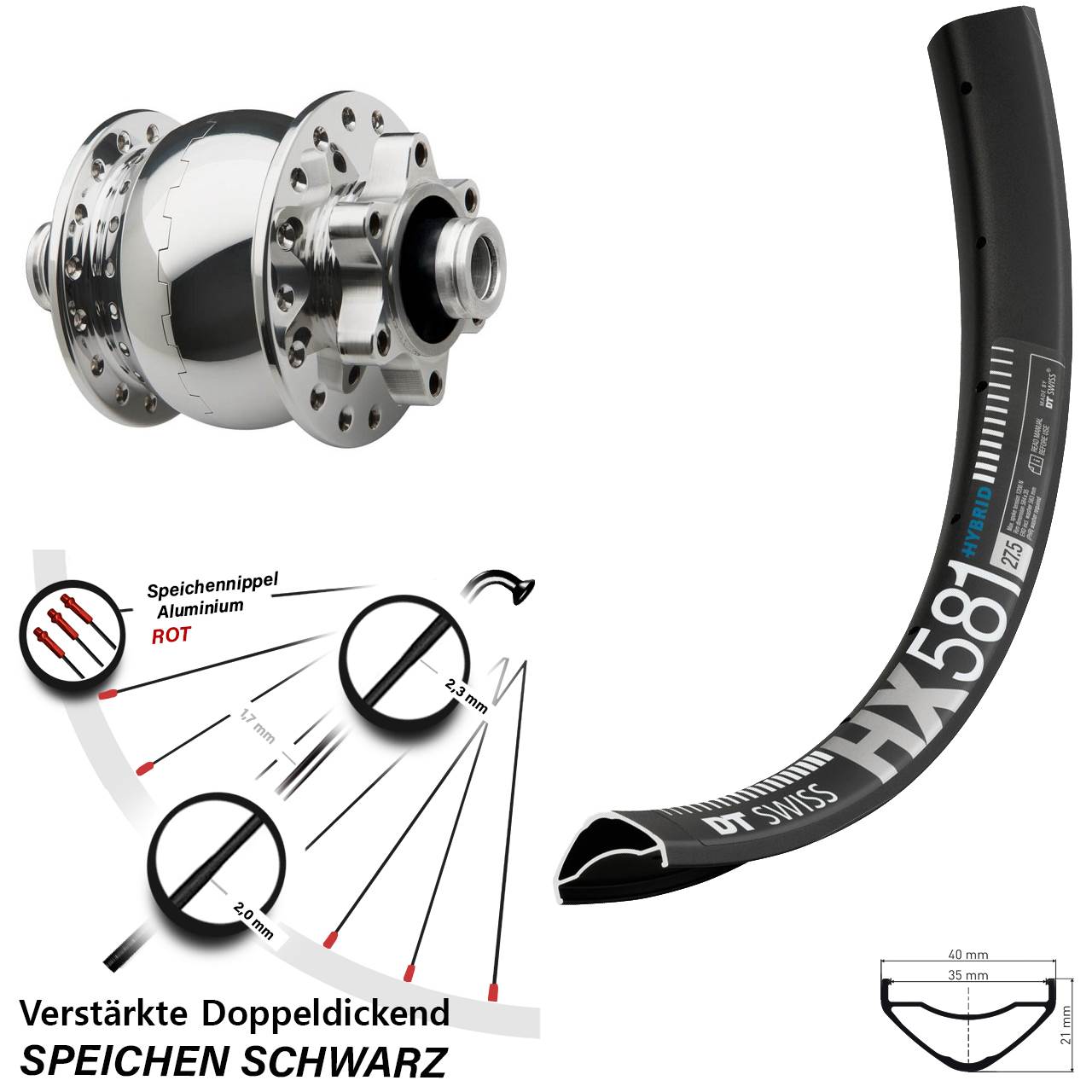 Disc Laufrad mit Nabendynamo 27,5 Zoll DT Swiss HX 581 SON 28 12x100