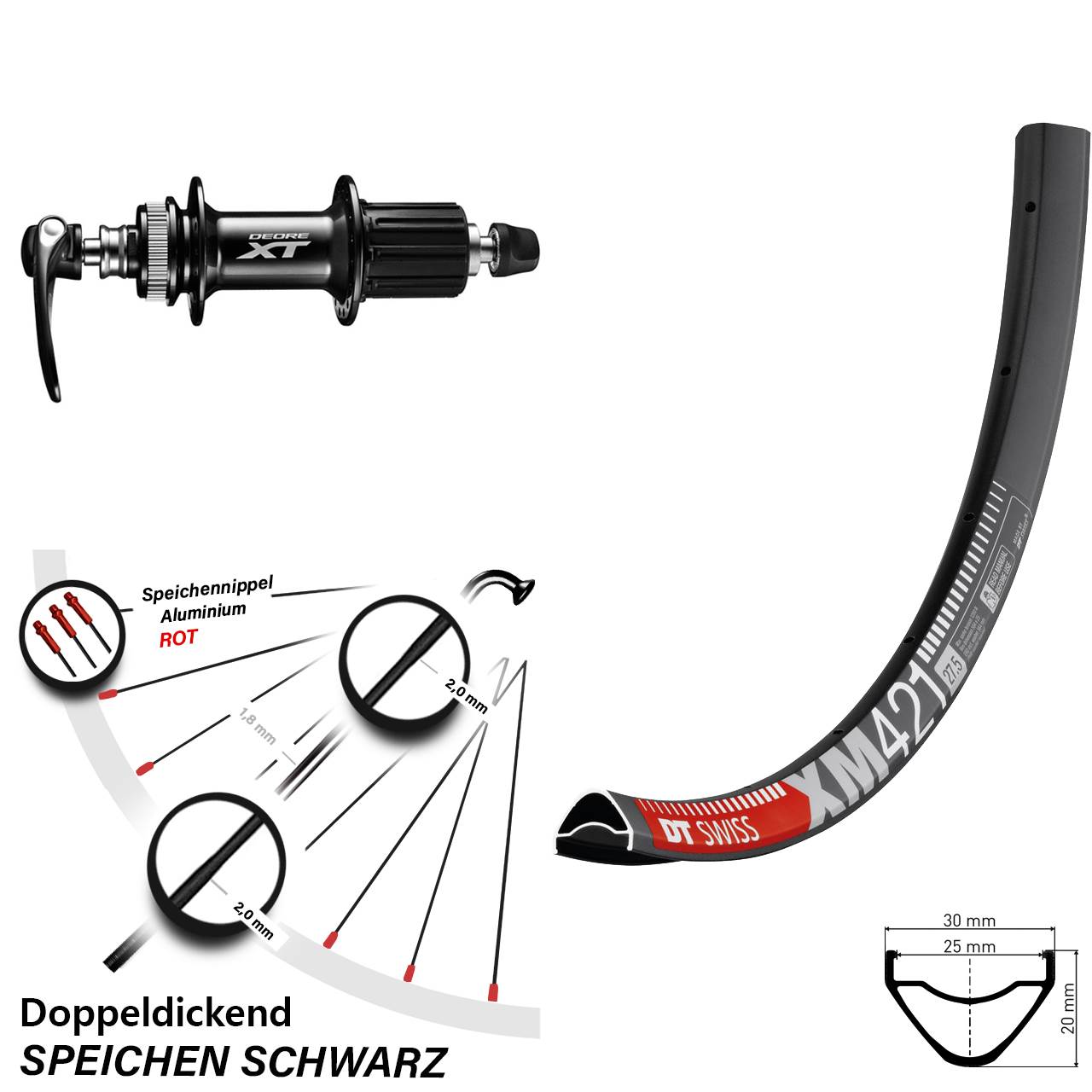 27,5 Zoll DT Swiss XM421 Shimano FH-M8000 Centerlock Hinterrad für Schnellspanner 8-11f HG
