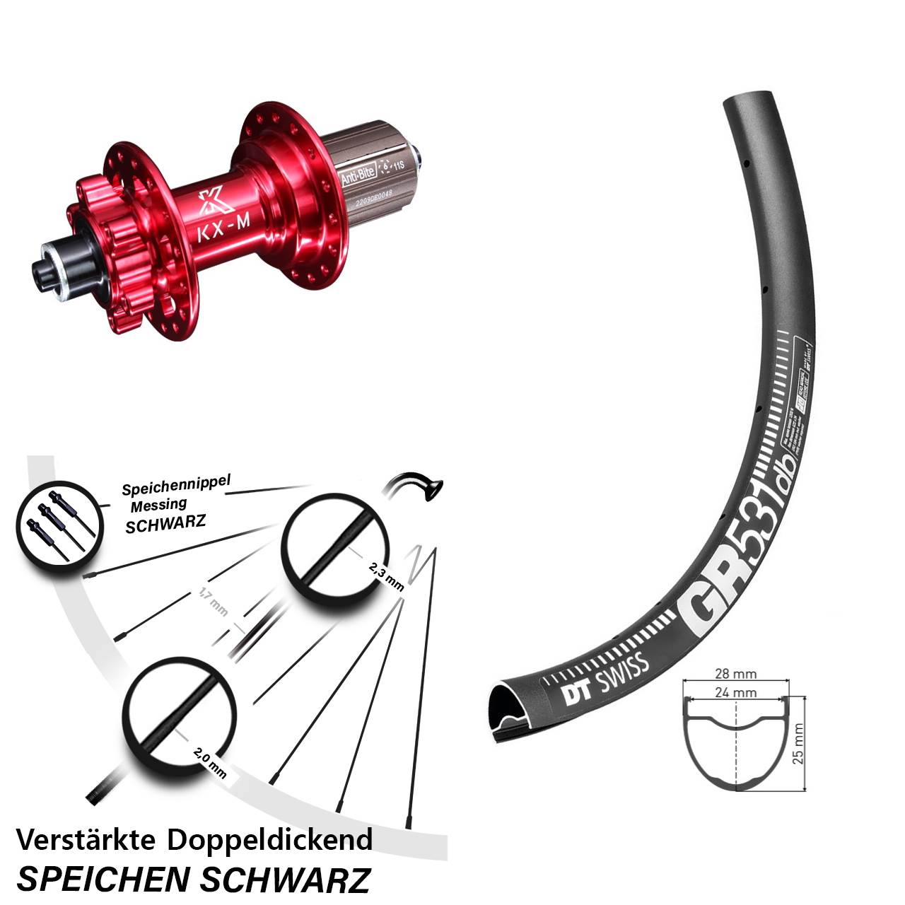 650B DT Swiss GR 531 KX-M rot 6-Loch Hinterrad für Schnellspanner 8-12 fach