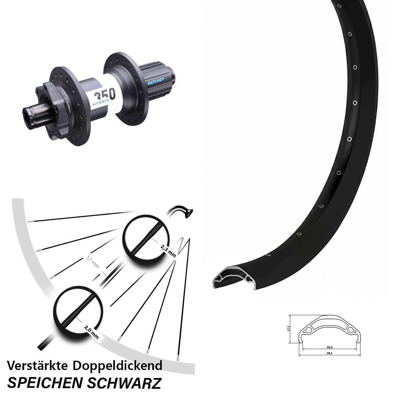 29 Zoll Ryde Disc 35 DT Swiss 350 Hybrid Laufrad 12x148 8-11 fach HG