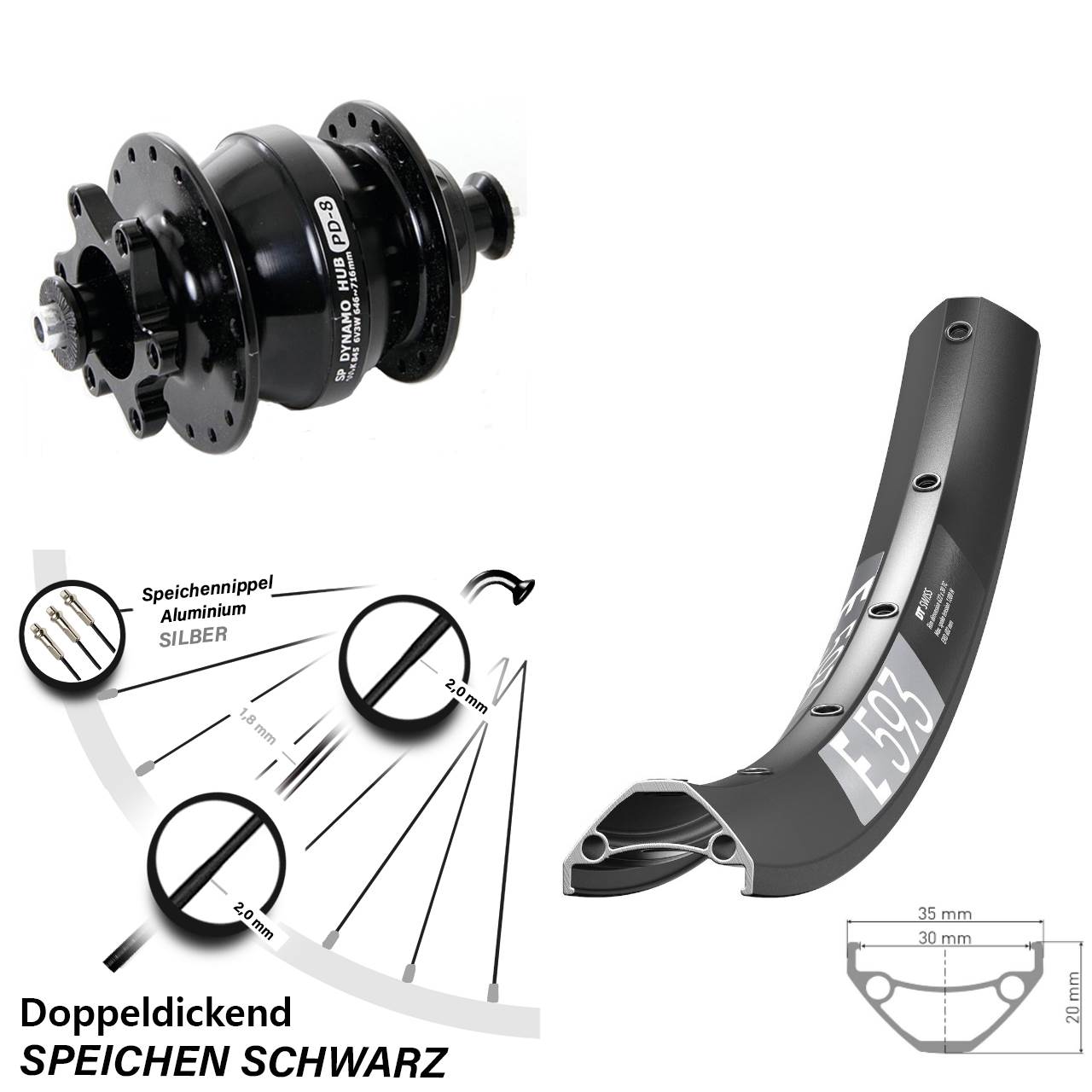 Disc Vorderrad mit Nabendynamo 29 Zoll DT Swiss E 593 Shutter PD-8 für Schnellspanner