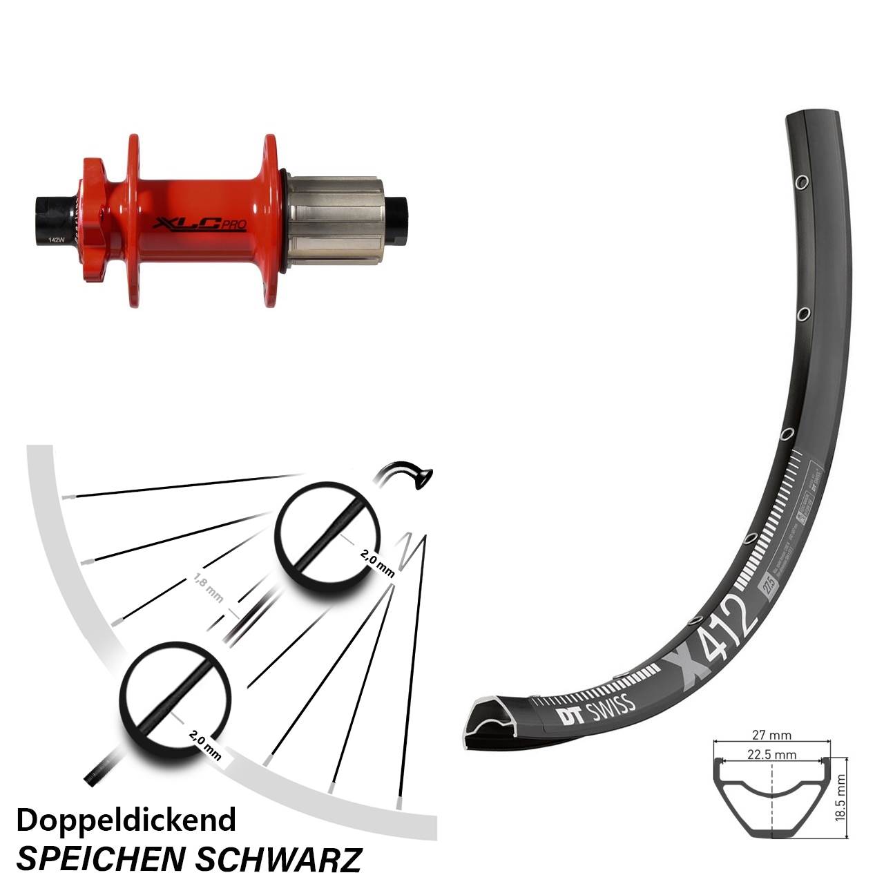 Hinterrad 6-Loch 28-29 Zoll DT Swiss X 412 XLC Pro rot 8-11 fach HG 12x142