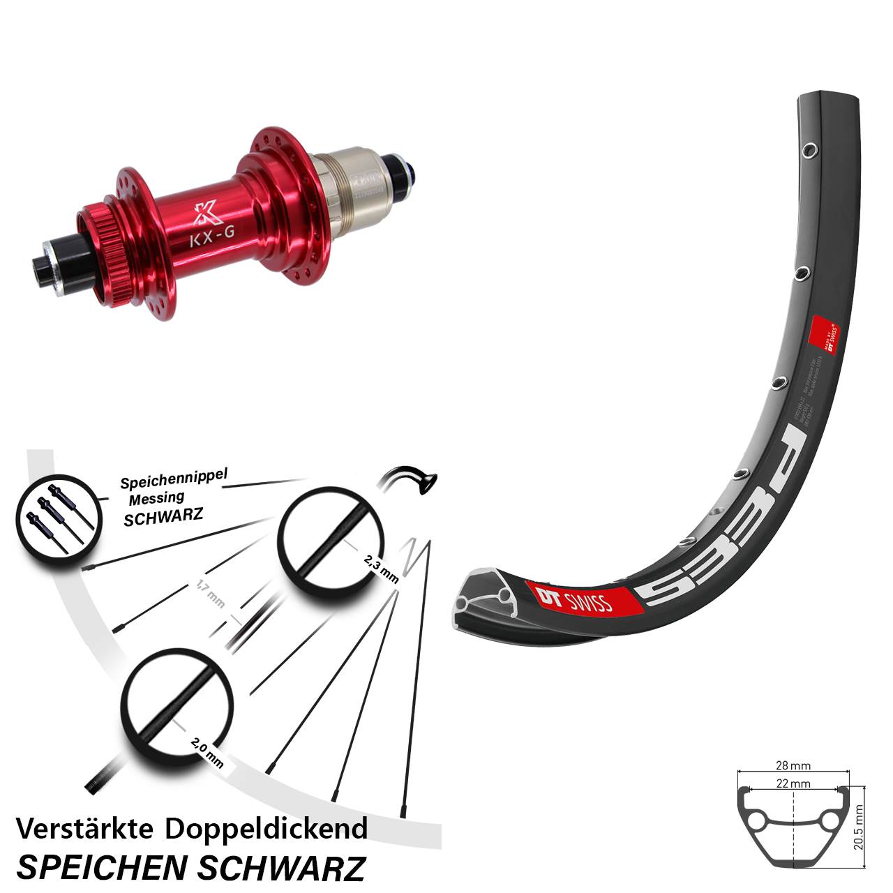 27,5 Zoll DT Swiss 533d KX-G rot Disc Hinterrad für Schnellspanner XDR