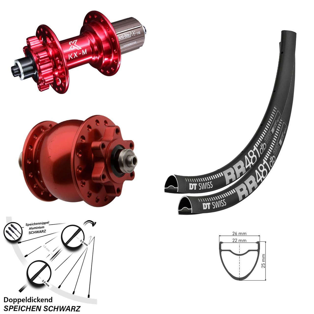 DT Swiss RR 481 KX-M rot SON 28 Zoll Laufradsatz 6-Loch QR 8-12 fach HG