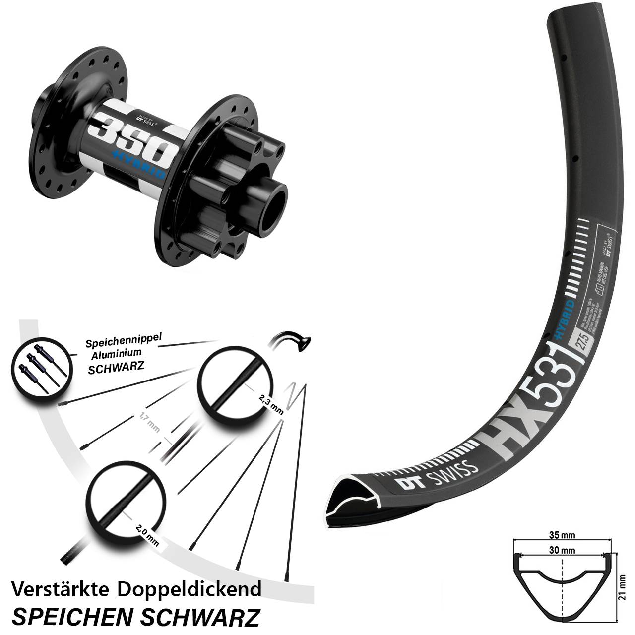 E-Bike Vorderrad 29 Zoll HX 531 DT Swiss 350 Hybrid Boost 6-Loch 15x110 mm 6-och verstärkt