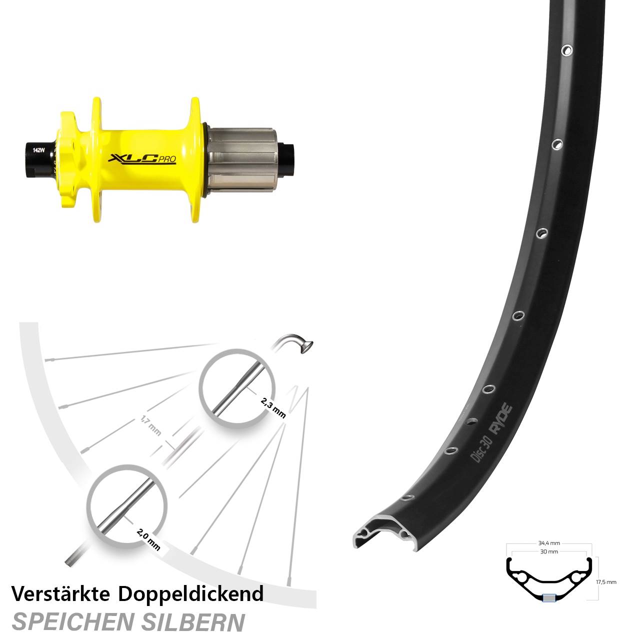 29 Zoll Ryde Disc 30 XLC gelb Disc Hinterrad 12x142 8-11 fach