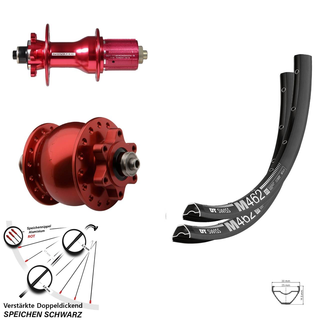 Disc Laufrad-Satz 27,5 Zoll DT Swiss M 462 Novatec D792SB SON 28 rot 8-12 fach HG QR