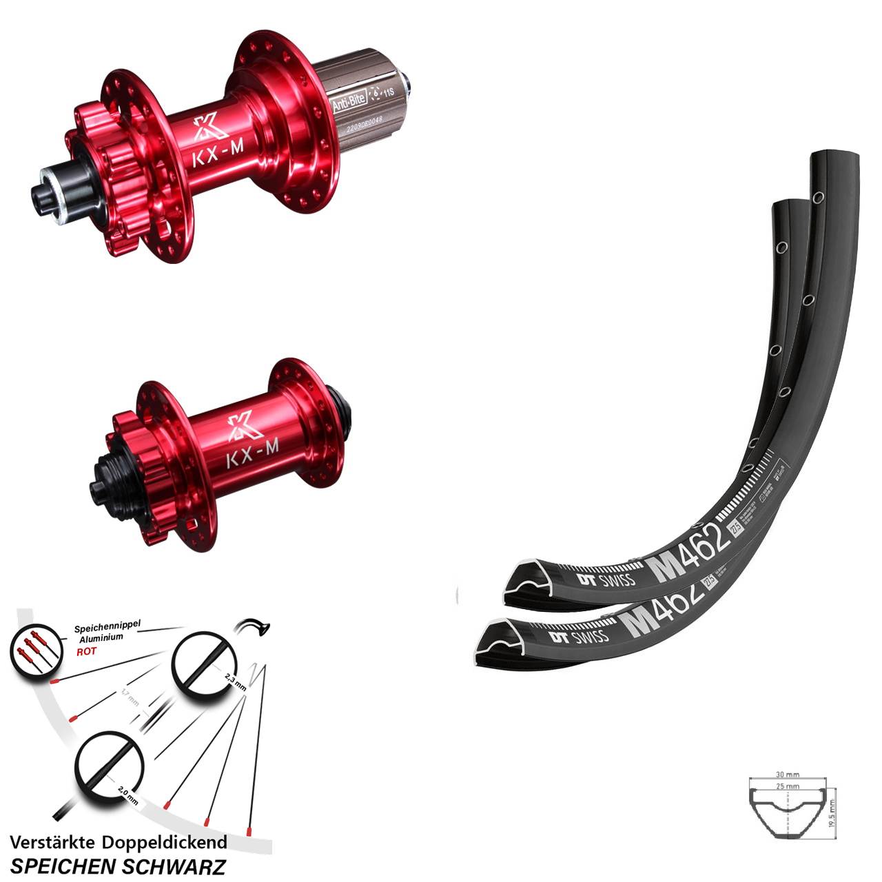 Laufradsatz 6-Loch 27,5 Zoll DT Swiss M 462 KX-M rot 8-12 fach HG für Schnellspanner