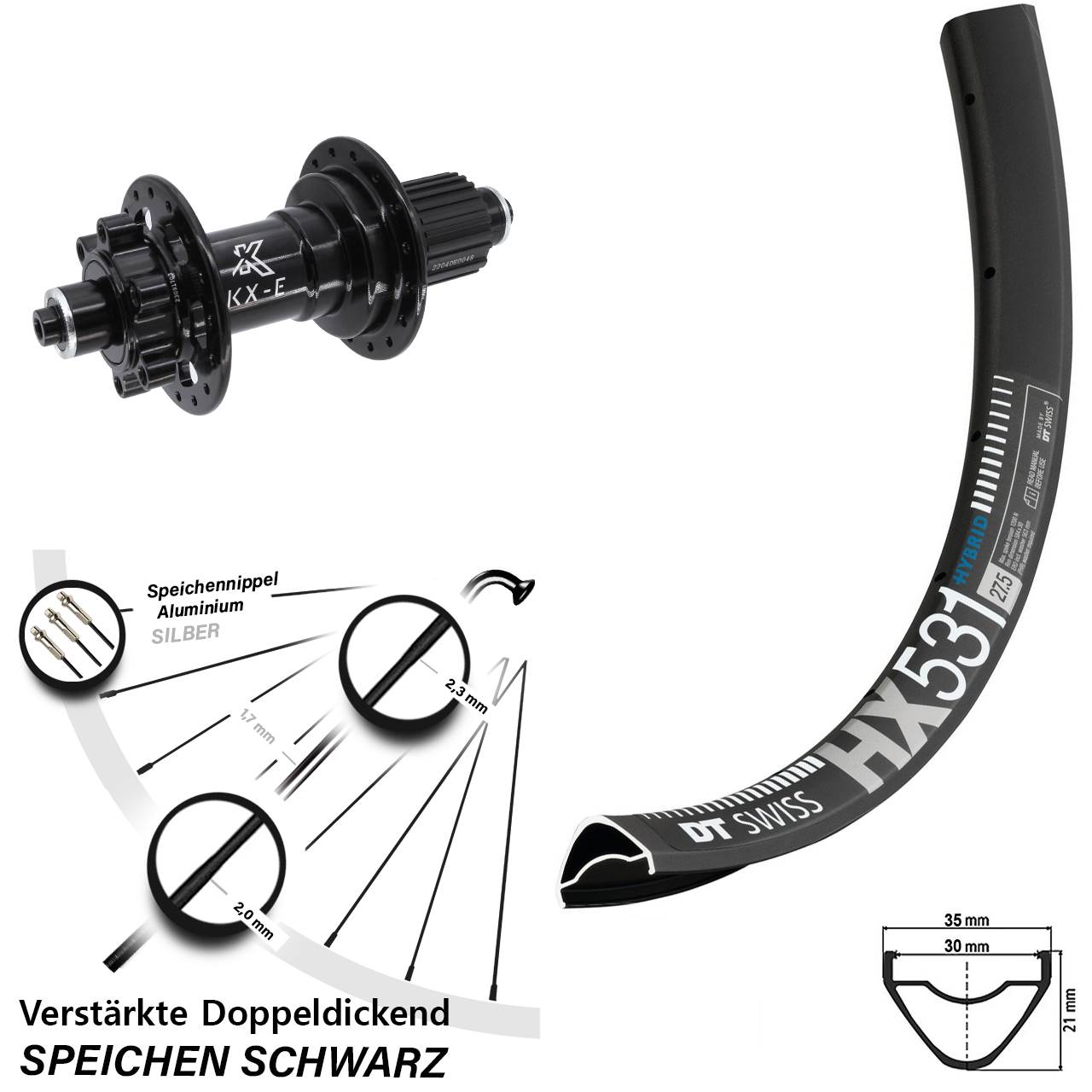 29 Zoll DT Swiss HX 531 KX-E Hinterrad 6-Loch QR Boost Shimano Micro Spline