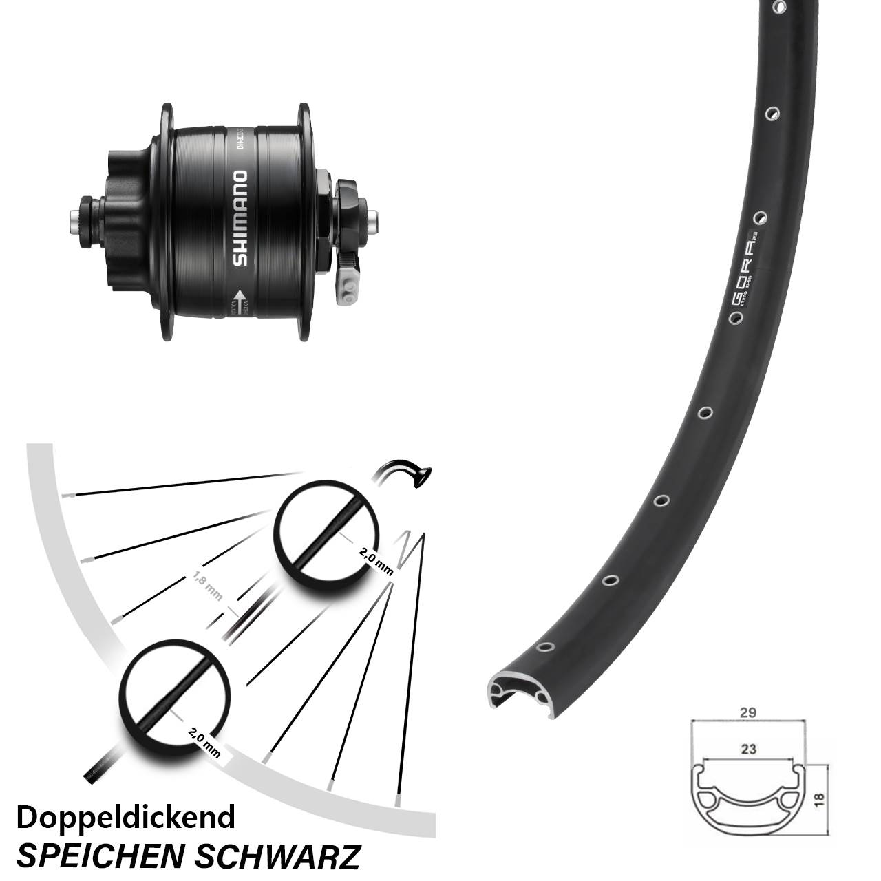 Gora 23 Shimano DH-3D32 26 Zoll 6-Loch Nabendynamo-Vorderrad QR