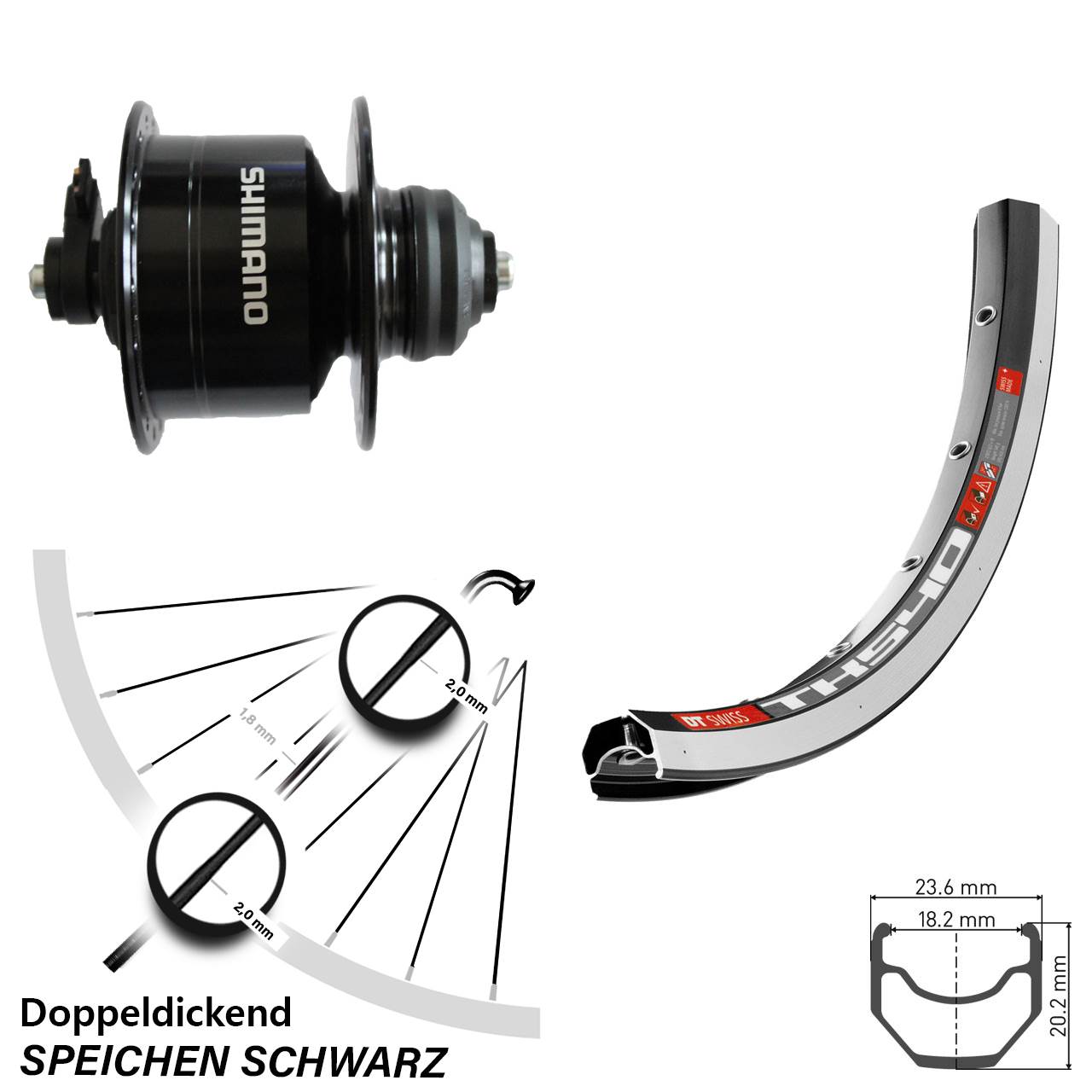 Nabendynamovorderrad QR 28 Zoll DT Swiss TK540 Shimano DH-3D72