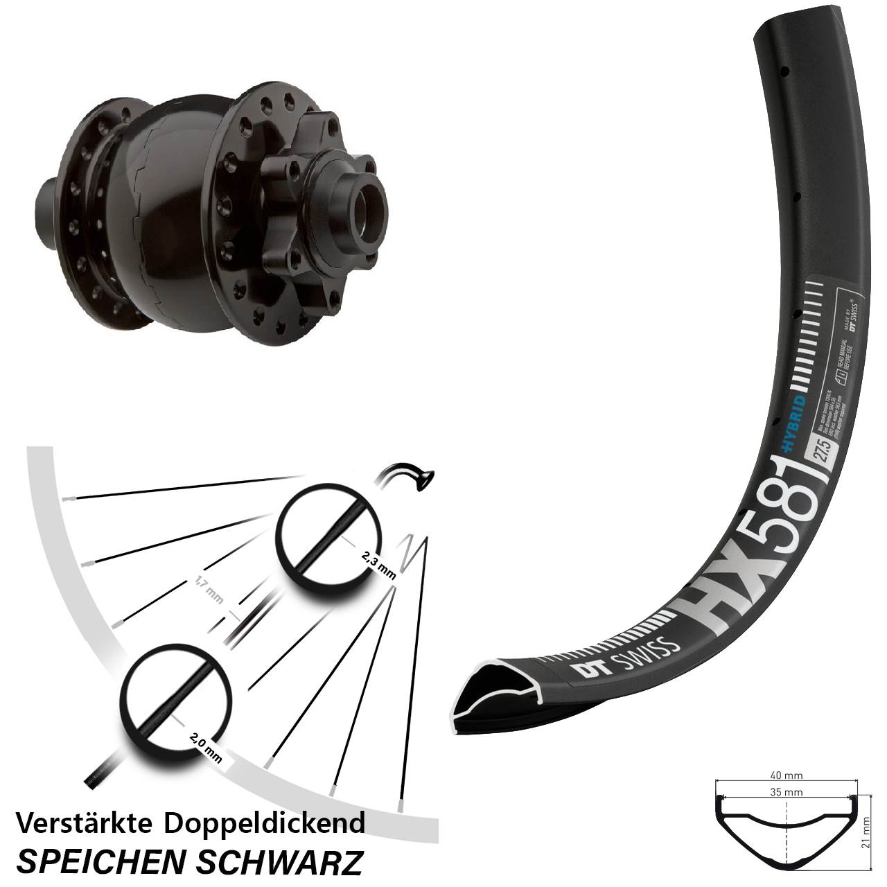 Nabendynamovorderrad 6-Loch 15x100 27,5 Zoll DT Swiss HX581 SON 28