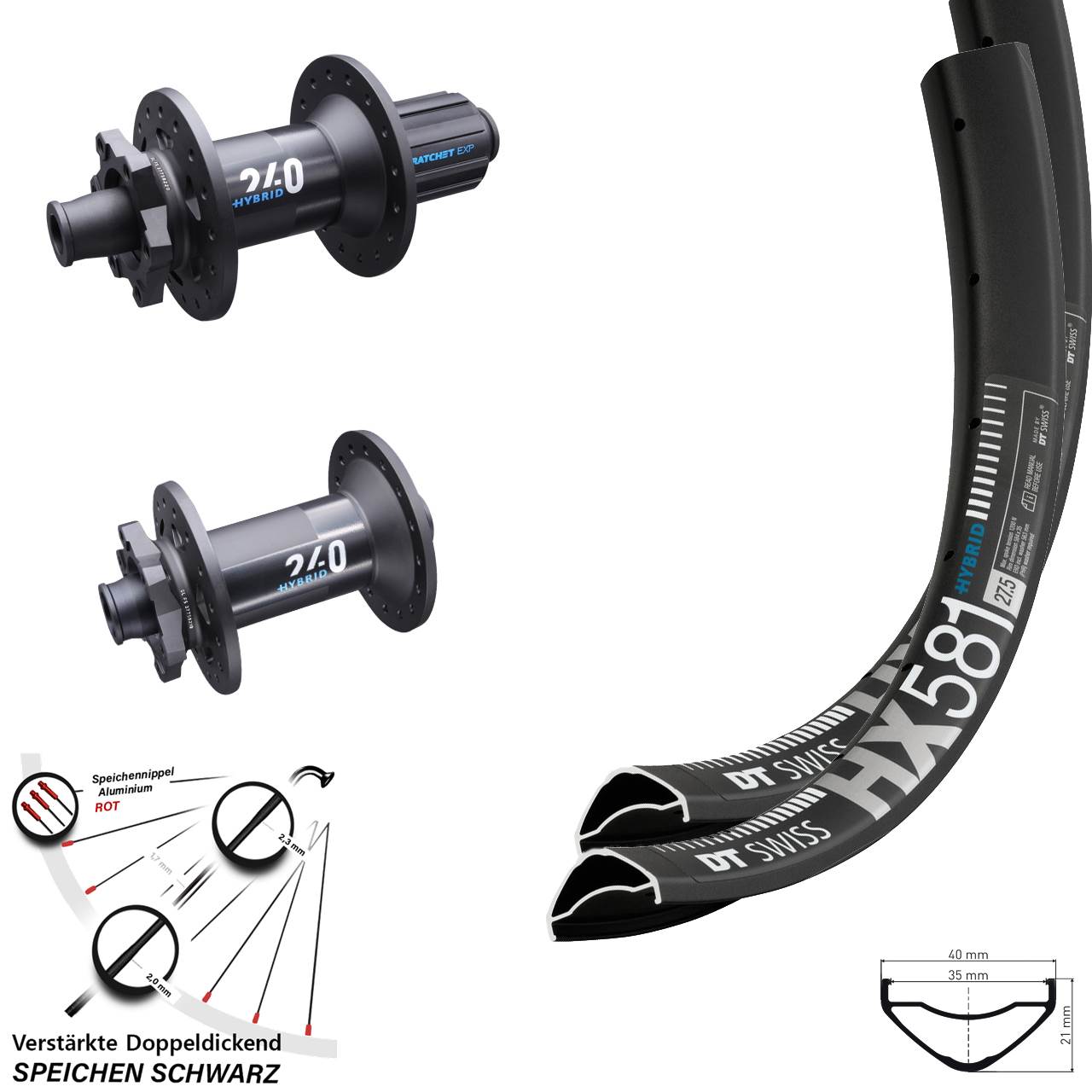 Laufradsatz 27,5 Zoll DT Swiss HX 581-240 Hybrid 8-11 fach 15x110 12x148 Boost 6-Loch