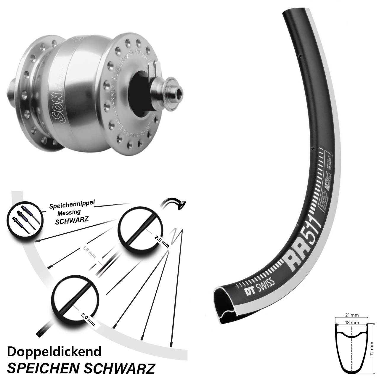 SONdelux DT Swiss RR511 28 Zoll Nabendynamovorderrad für Schnellspanner