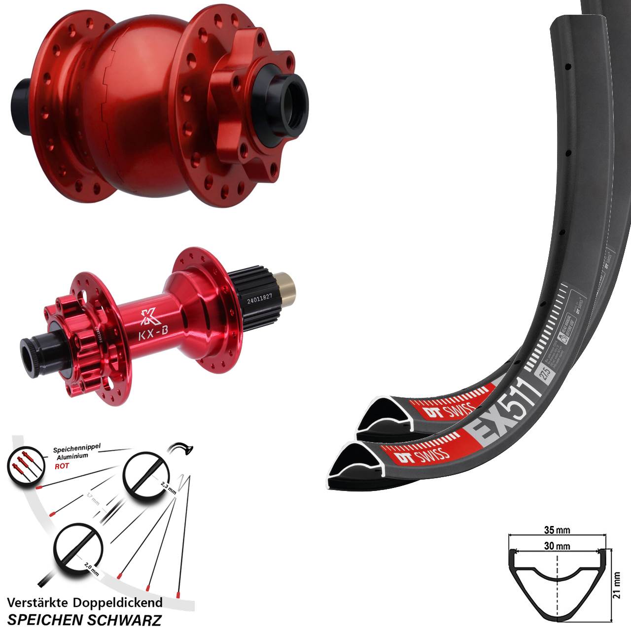 6-Loch Laufradsatz 27,5 Zoll DT Swiss EX 511 KX-B rot SON 28 Micro Spline 15x110 12x148