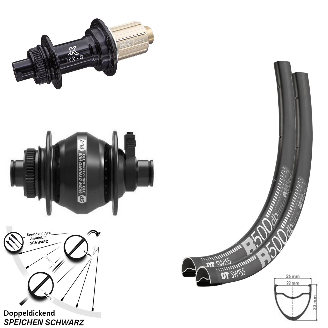 Laufradsatz Dynamo Shutter PL-7 Centerlock DT Swiss R 500 KX-G Nabe Steckachse 11-fach