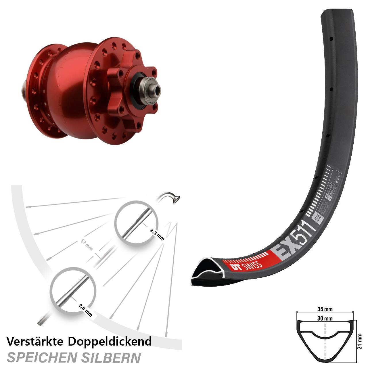 Disc Vorderrad mit Nabendynamo 29 Zoll DT Swiss EX511 SON 28 rot für Schnellspanner
