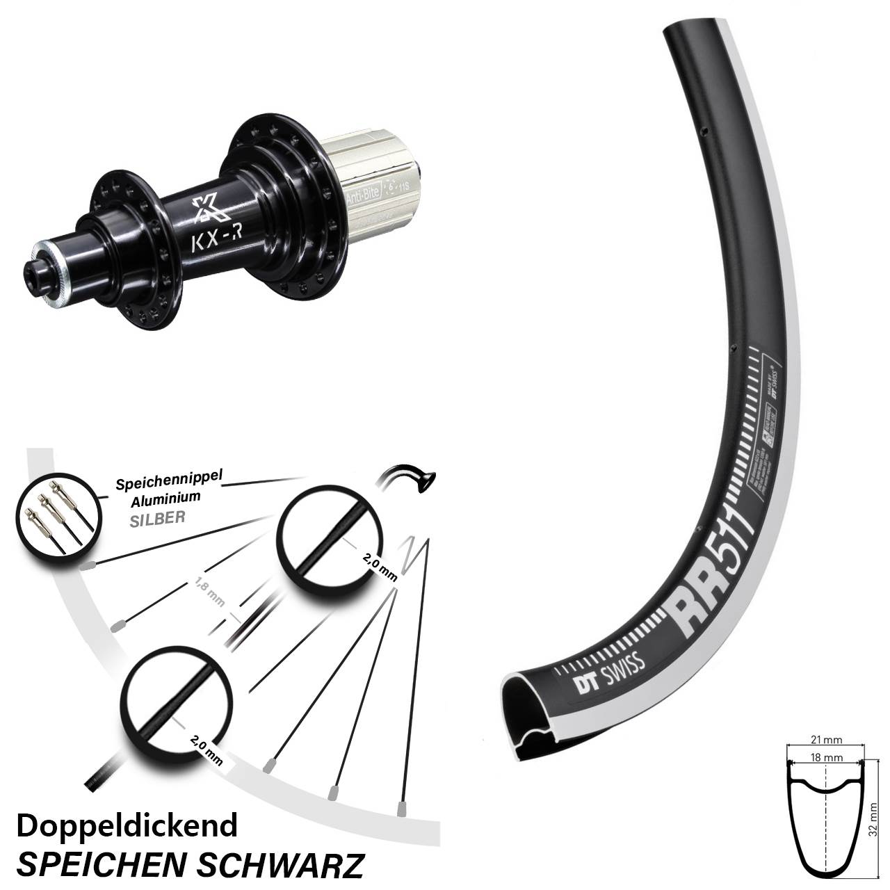 DT Swiss RR 511 Hinterrad 28 Zoll KX-R 5x130 mm schwarz Felgenbremse HG 8-12 fach