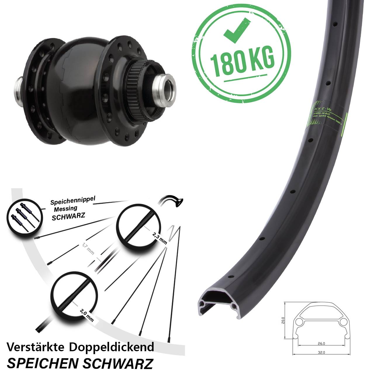 Vorderrad KX Evo breit Dynamo SON 28 Disc Centerlock