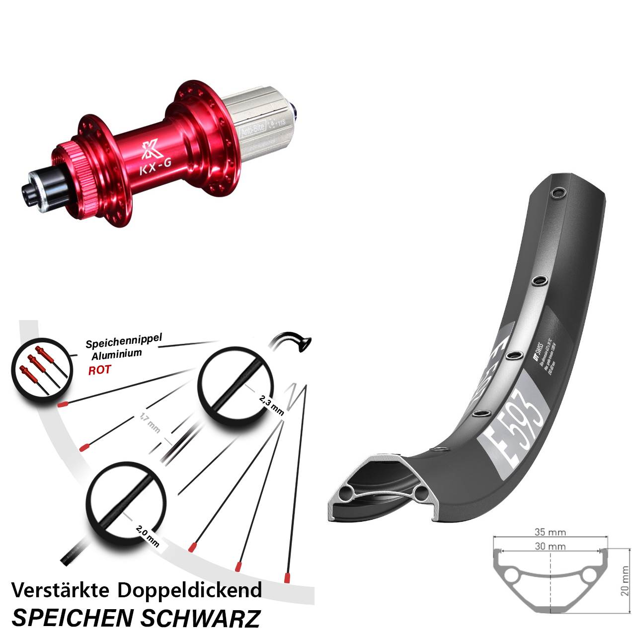 Centerlock Hinterrad 27,5 Zoll DT Swiss E 593 KX-G rot 8-12 fach für Schnellspanner