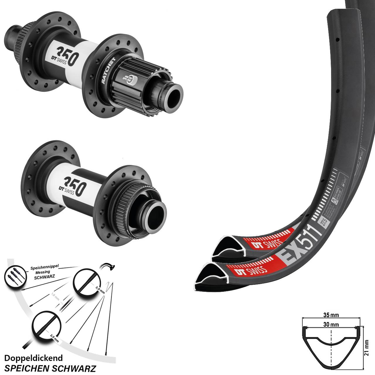 Laufradsatz 29 Zoll EX 511 DT Swiss 350 Ratchet 36 Shimano Micro Spline Boost