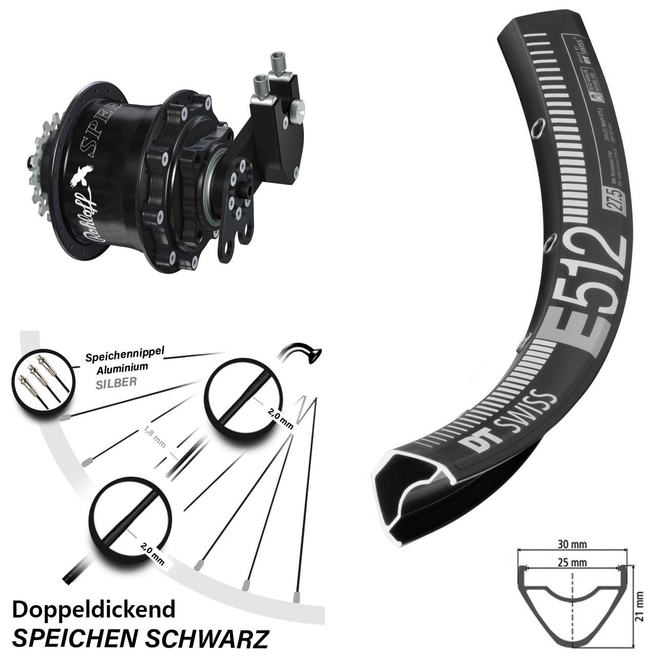 Hinterrad 29 Zoll DT Swiss E 512 Disc Rohloff Speedhub 500/14 CC DB Tandem schwarz