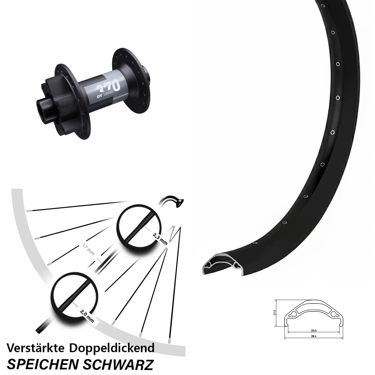 Vorderrad 15x100 29 Zoll Ryde Disc 35 DT Swiss 370 schwarz