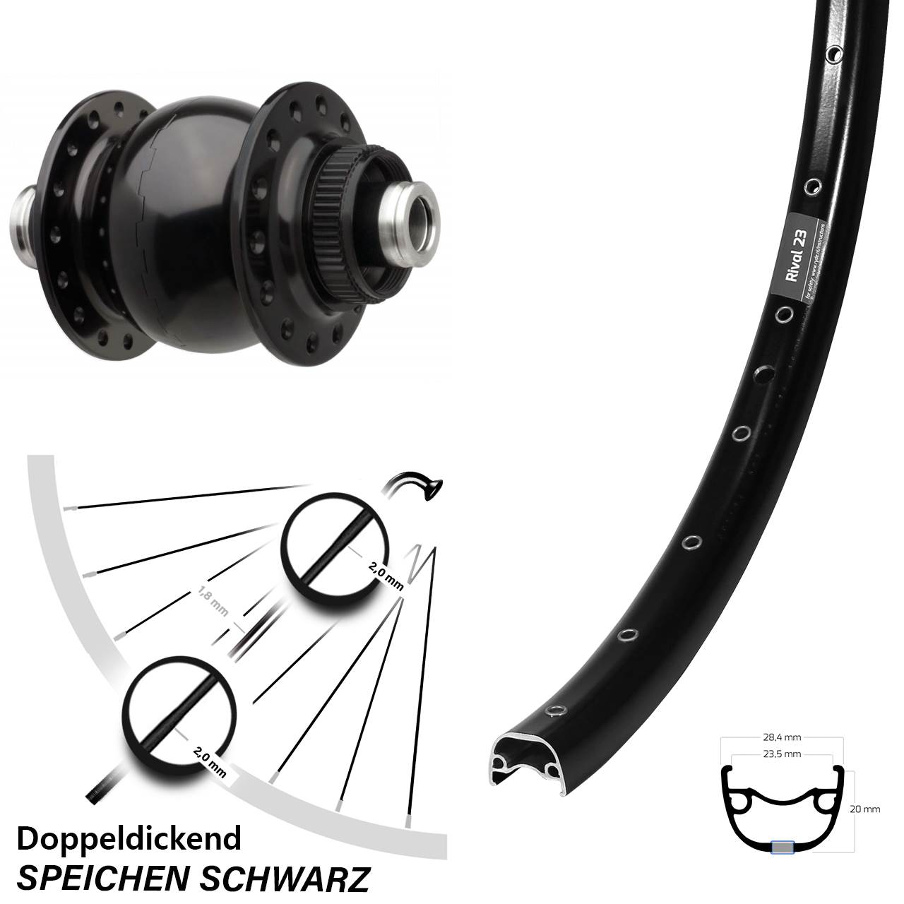 Laufrad 27,5 Zoll Ryde Rival 23 Disc schwarz SON 28-12x110 Centerlock