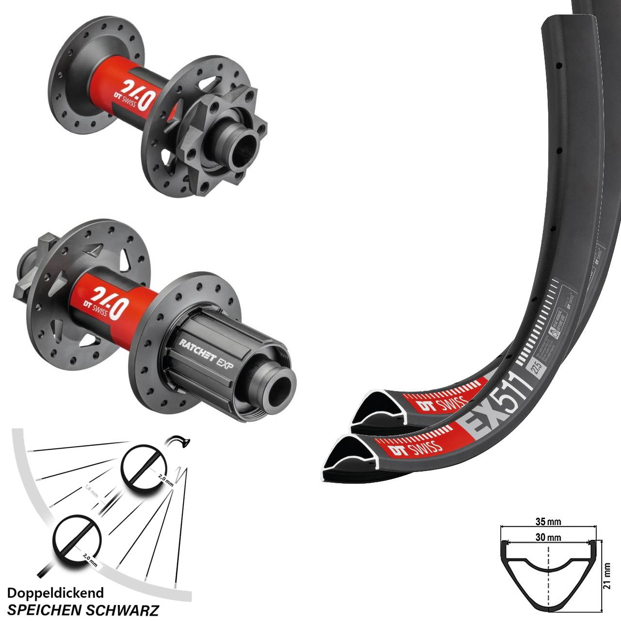 29 Zoll EX 511 DT Swiss 240 EXP Boost Laufradsatz 15x110 12x148 Shimano 11-fach MTB