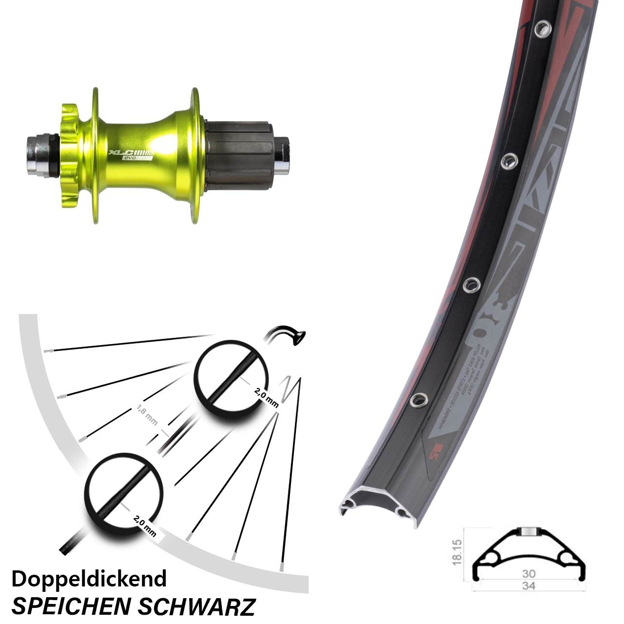 Rodi TRYP 30 XLC Evo grün 29 Zoll Disc Hinterrad 12x142 8-11 fach HG