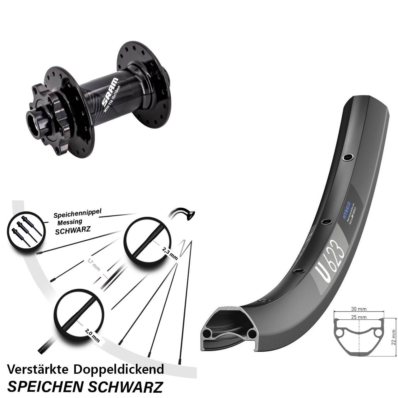 28 Zoll DT Swiss U623 Sram 716 Vorderrad 6-Loch 15x110 Boost