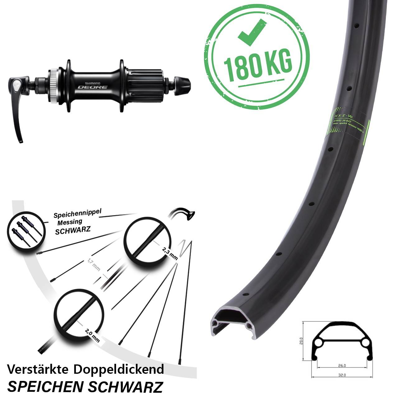 KX Evo Shimano Deore Hinterrad 26 Zoll 5x135 mm Centerlock 8-11 fach